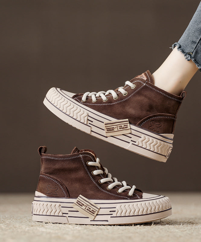 Beige Platform Soled Cowhide Casual Lace Up High Top Board Shoes