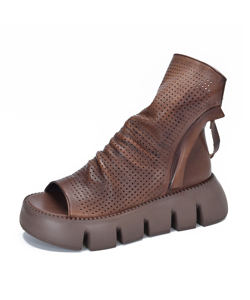 Black Boots Platform Cowhide Leather Peep Toe New