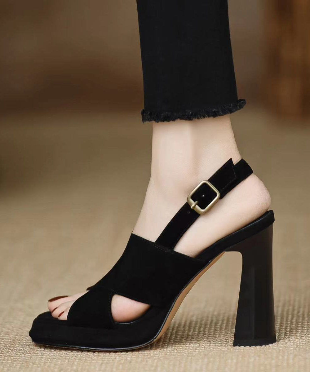 Black Sandals High Heel Sheepskin Splicing Peep Toe Buckle Strap
