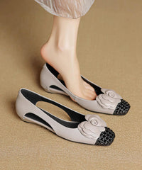 Grey Flat Shoes For Women Cowhide Leather Soft Splicing Floral