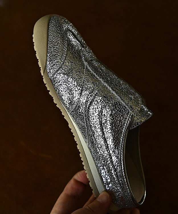 Chic Splicing Wedge Silver Cowhide Leather Slide Sandals