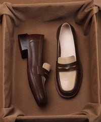 Brown Chunky Cowhide Leather Classy Splicing Loafer Shoes