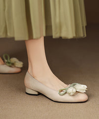 Elegant Green Bow Floral Splicing Cowhide Leather Flat Shoes