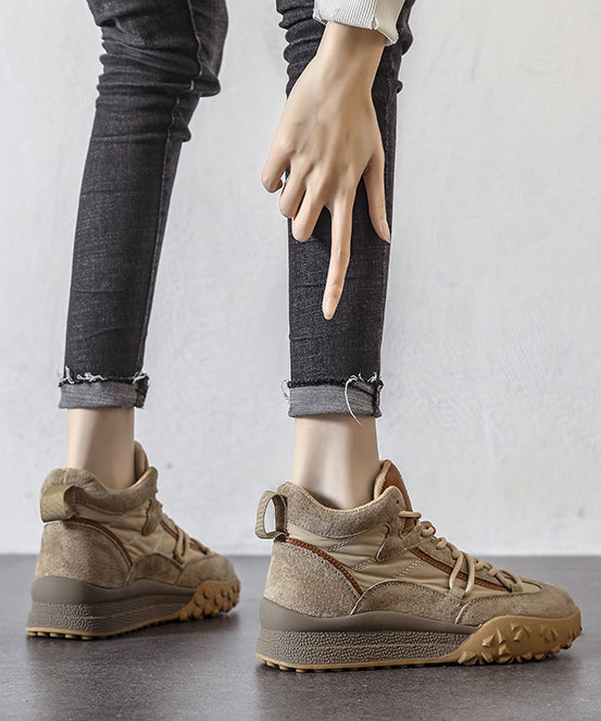 Khaki Platform Suede Lace Up Splicing Flats Fuzzy Wool Lined