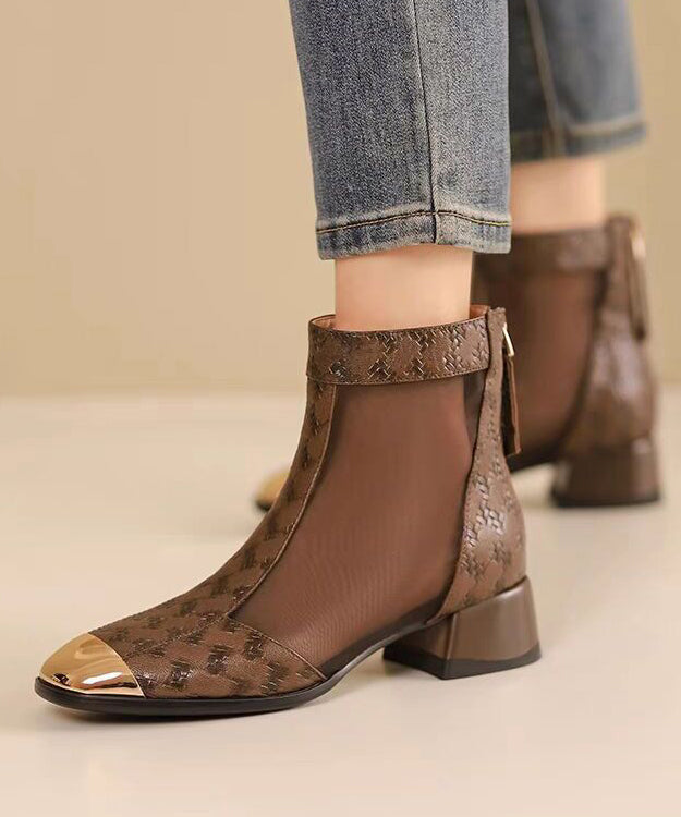 Coffee Tulle Splicing Chunky Heel Sandals Boots