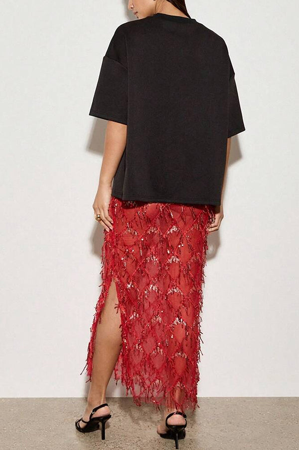 See-through Sequined Tassel Midi Skirt