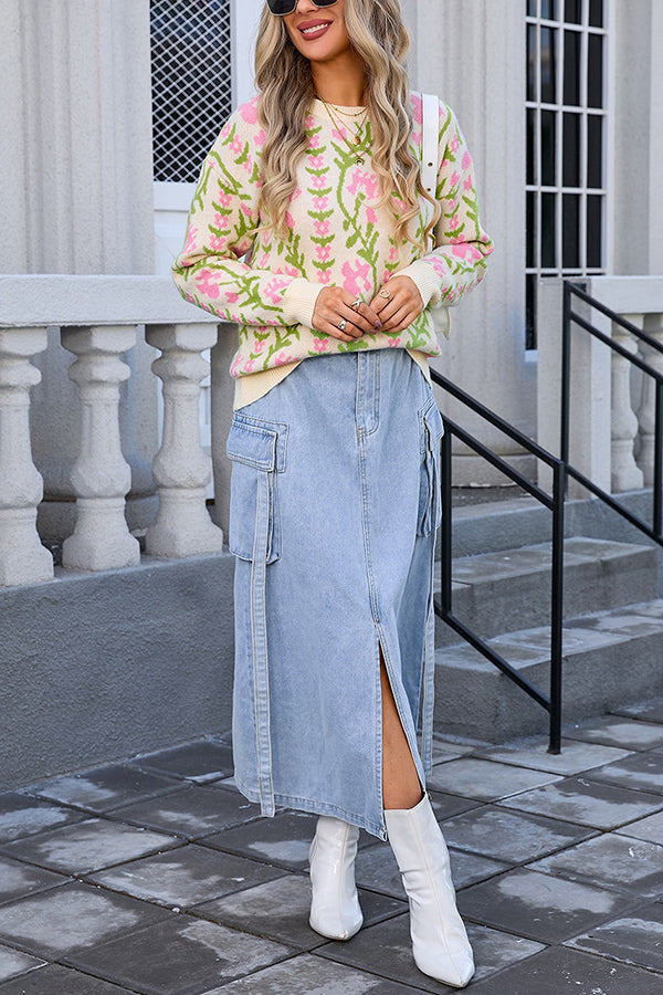 Floral Knitted Crew Neck Casual Sweater