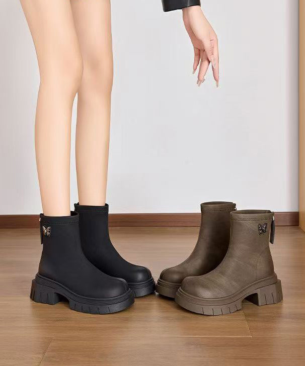 Khaki Boots Chunky Faux Leather Splicing Zippered