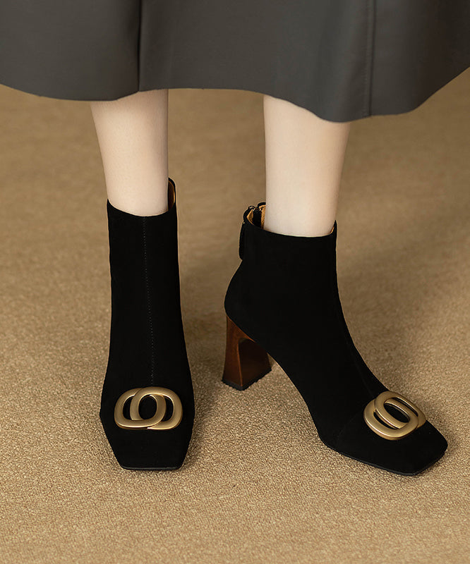 Black Chunky Suede Chic Sequined Splicing Boots