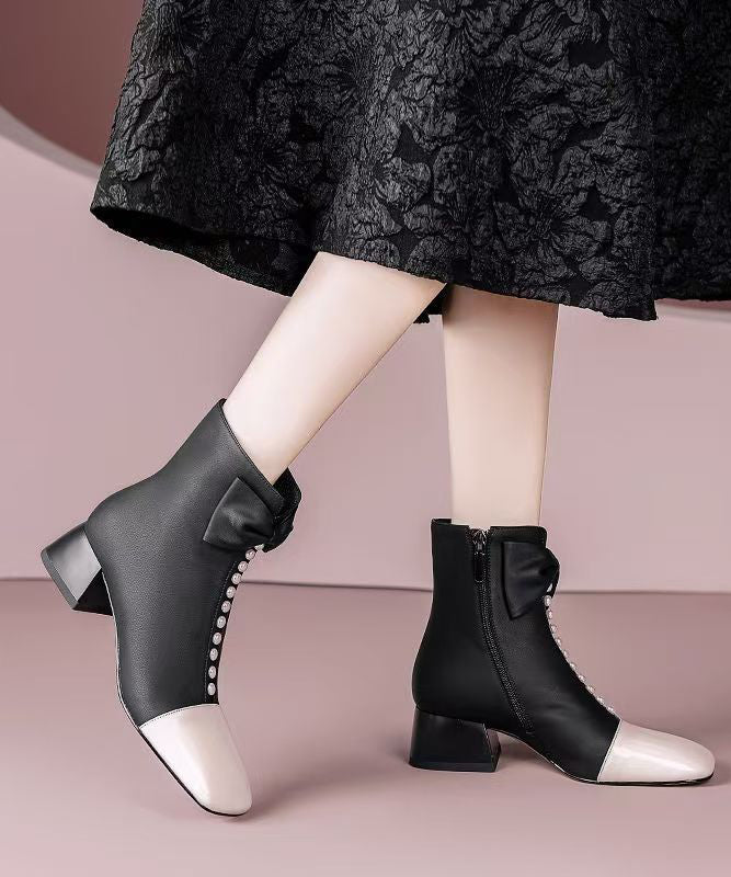 Classy Bow Zippered Splicing Chunky Boots Pink Sheepskin