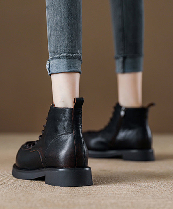 Coffee Platform Cowhide Leather Handmade Splicing Ankle Boots