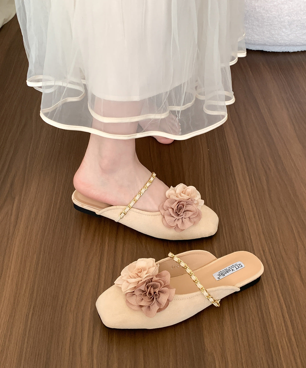 Beige Floral Suede Retro Splicing Slide Sandals