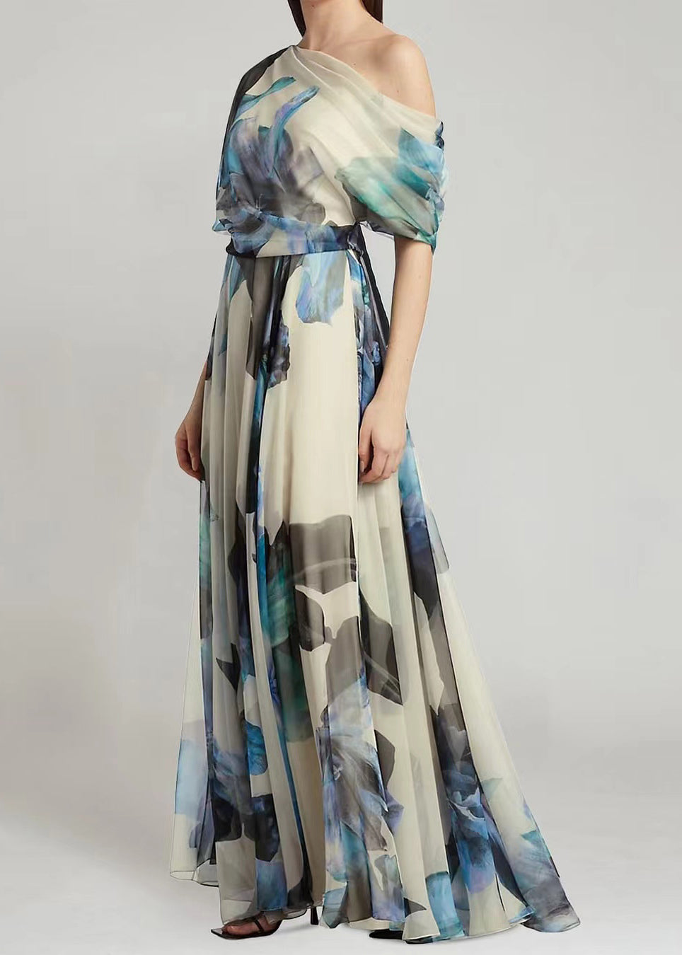 French Sky Blue Asymmetric Printed Chiffon Long Skirt Summer