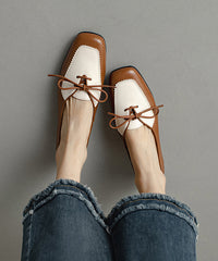 Original Design Brown Cowhide Leather Lace Up Splicing Flats