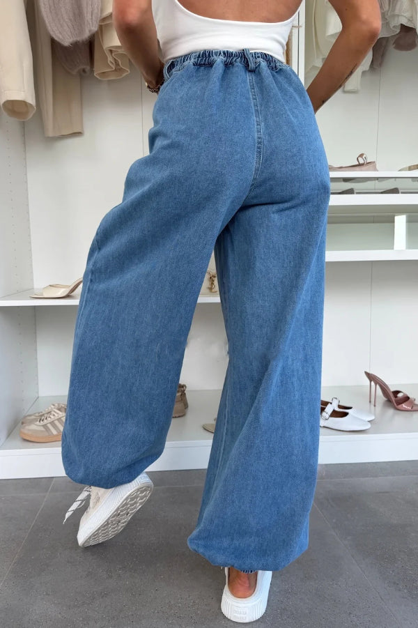 Denim High Rise Elastic Waist Pocket Loose Lantern Jeans