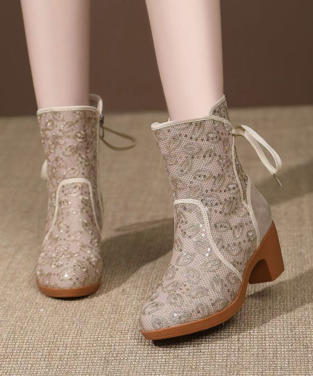Fitted Sequins Splicing Chunky Boots Beige Breathable Mesh