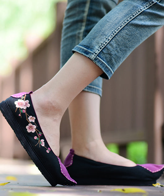 Pointed Toe Flat Shoes For Black Cotton Fabric Embroideried Splicing Flats