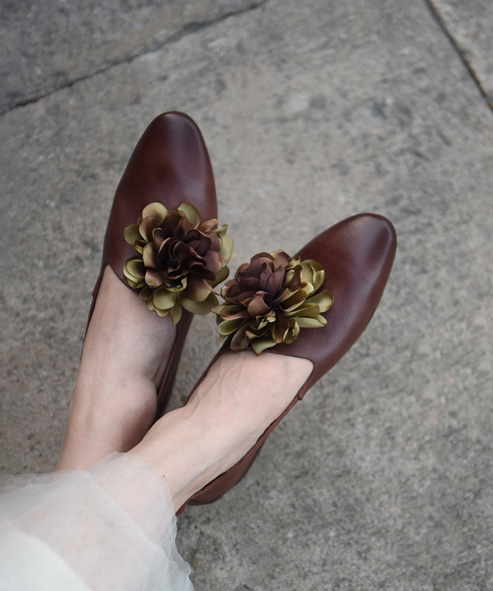 Handmade Grey Cowhide Leather Splicing Floral Flat Shoes