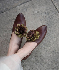 Handmade Grey Cowhide Leather Splicing Floral Flat Shoes