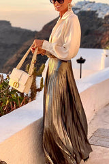 Metallic Pleated Back Elastic Waist Maxi Skirt