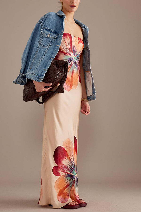 Charming strapless waist cinching satin printed lace up loose long dress
