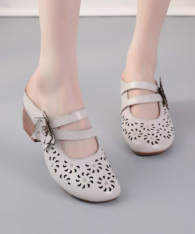 Boho Cowhide Leather Splicing Brown Slide Sandals Hollow Out