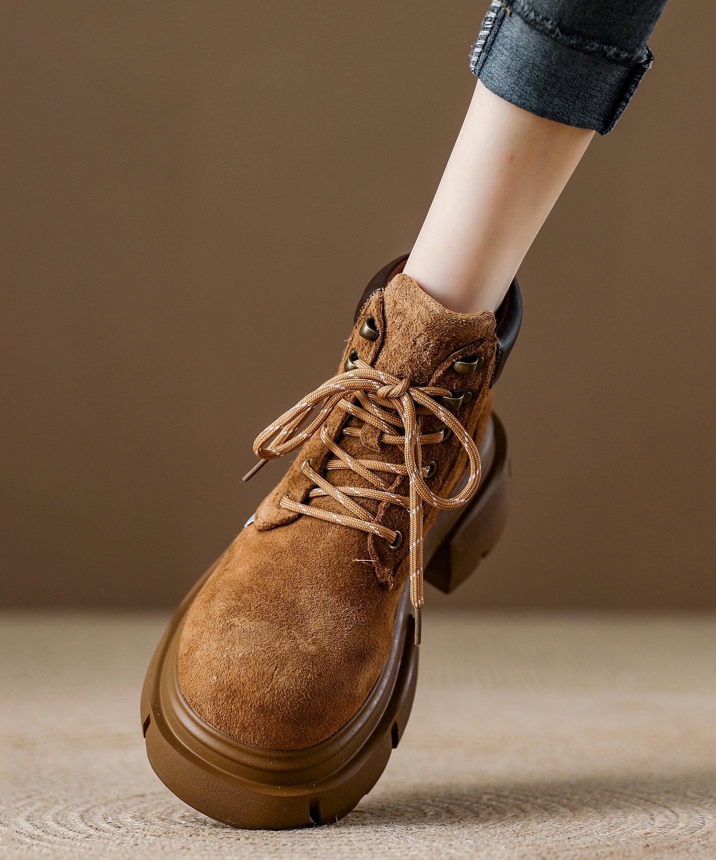 Camel Platform Suede Comfy Splicing Lace Up Boots