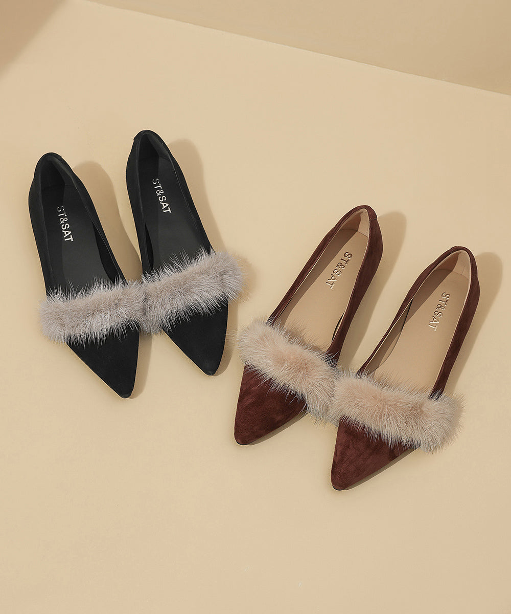 Autumn Black Fuzzy Fur Splicing Pointed Comfortable Flat Shoes
