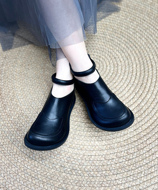 Retro Comfy Black Cowhide Leather Splicing Boots