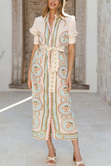 Unique Printed Puff Sleeve Button Lace Up Vacation Maxi Dress