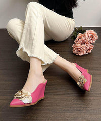 Pink Floral Wedge Heels Slide Sandals Pointed Toe