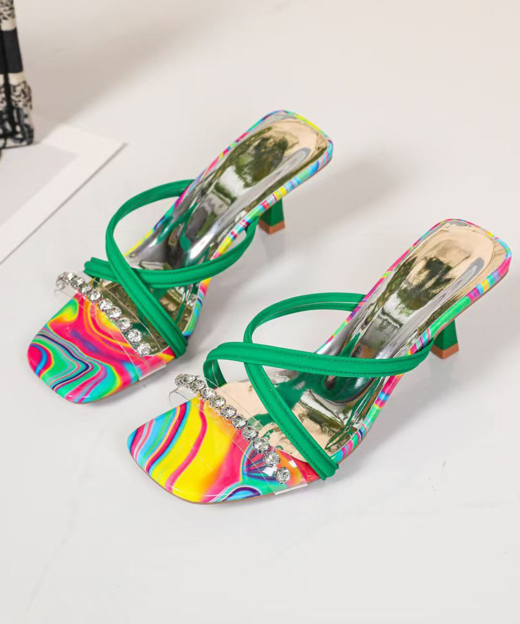 Green High Heel Faux Leather Splicing Zircon Slide Sandals