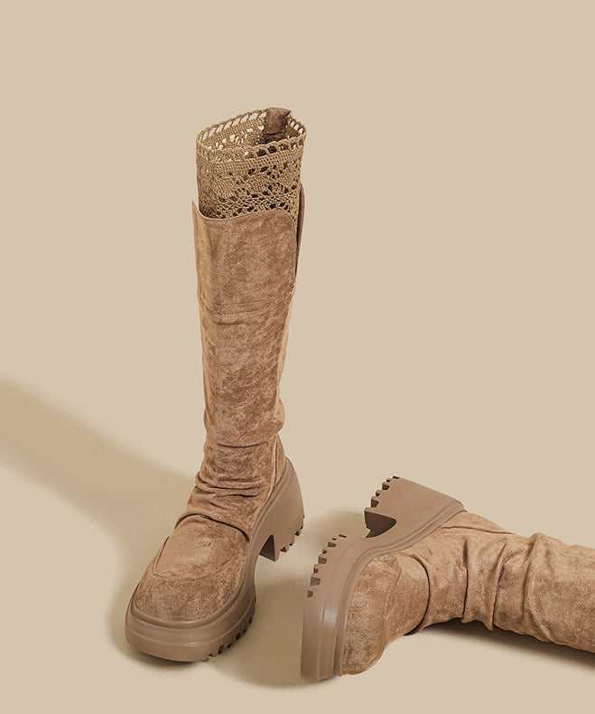 Brown Lace Splicing Wrinkled Faux Leather Chunky Boots