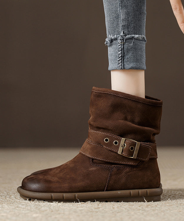 Chocolate Cowhide Leather Comfy Buckle Strap Splicing Boots