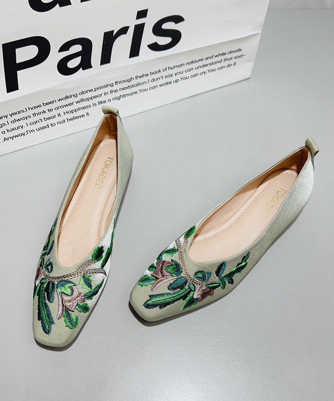 Green Satin Embroidered Flat Feet Shoes