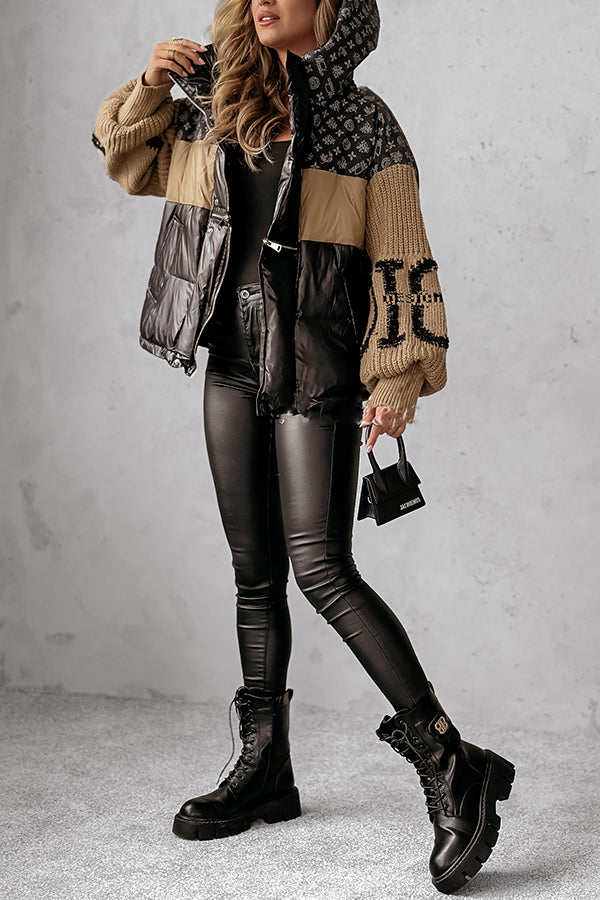 Denim Knit Long-sleeved Patchwork Hooded Pocket Thickened Jacket