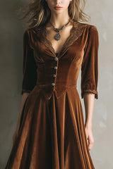Velvet and Lace Patchwork V-neck Button Midi Dress
