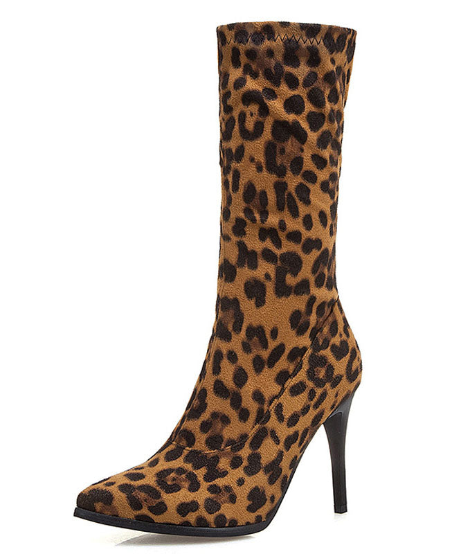 Leopard Print Genuine Leather Velour Fabric Zippered Boots Pointed Toe Boots