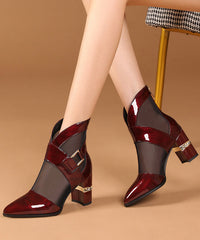 Mulberry Chunky Heel Faux Leather Tulle Splicing Boots