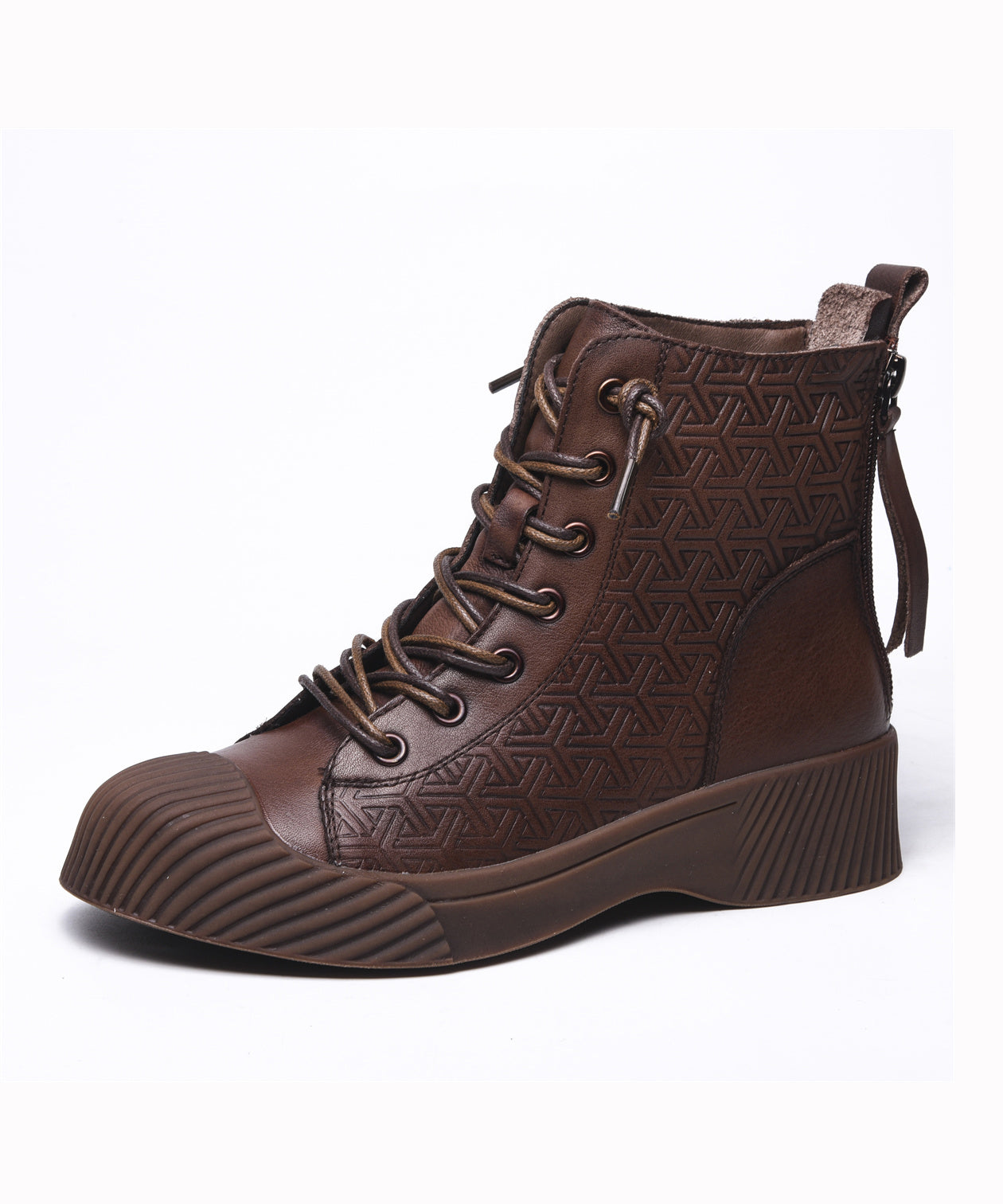 Brown Cowhide Leather Embossed Splicing Lace Up Boots