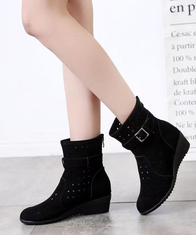Red Hollow Out Splicing Wedge Boots