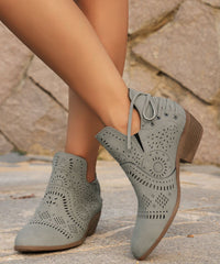 Grey Hollow Out Lace Up Faux Leather Simple Chunky Boots