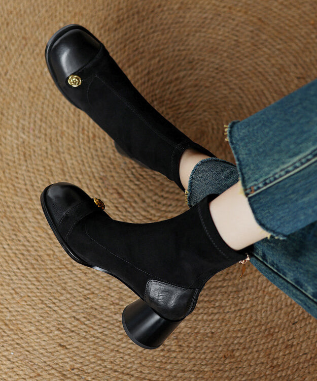 Stylish Brown Cowhide Leather Splicing Chunky Suede Boots