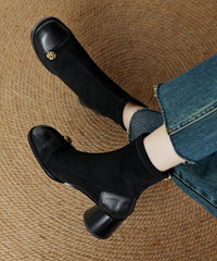 Stylish Brown Cowhide Leather Splicing Chunky Suede Boots