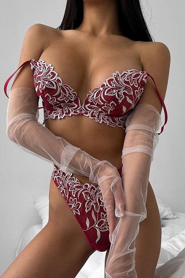 Plant Embroidery Mesh Camisole Bra Set