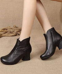 Splicing Chunky Boots Black Cowhide Leather