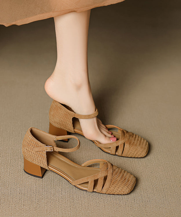 Women Buckle Strap Splicing Chunky Sandals Caramel Suede