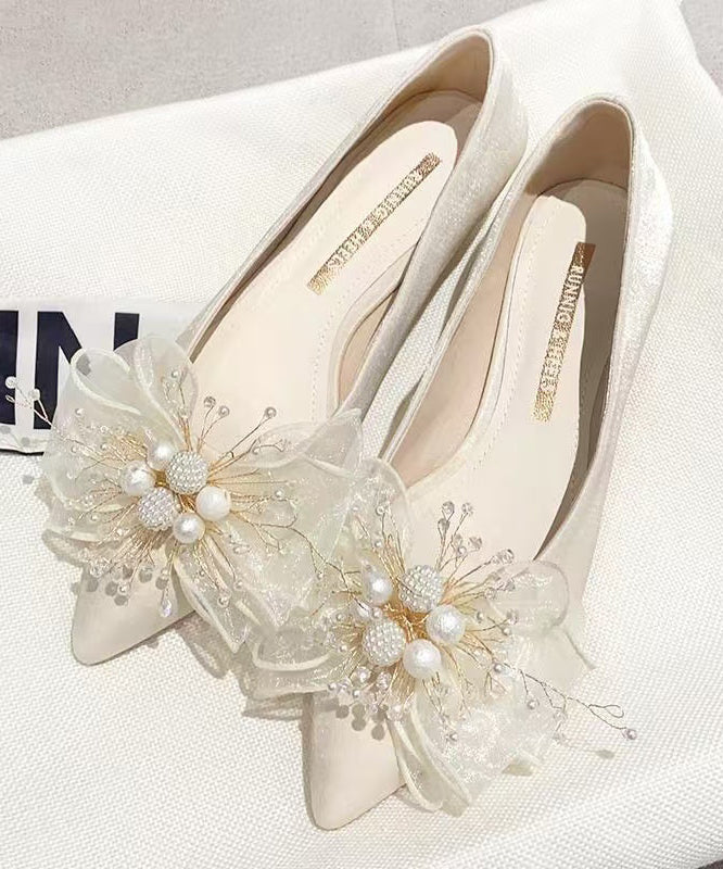 Apricot Bow Nail Bead Splicing Flat Feet Shoes Pointed Toe