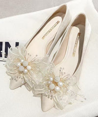 Apricot Bow Nail Bead Splicing Flat Feet Shoes Pointed Toe