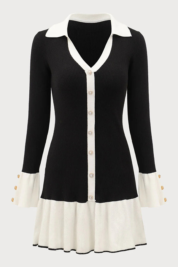 Color-blocked Long-sleeved Button-decorated Knitted Mini Dress